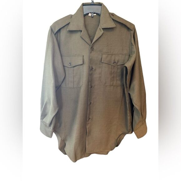 Military Army Green Outdoor Camping Wool Blend Heavy Long Sleeve Collar Shirt - Picture 2 of 7
